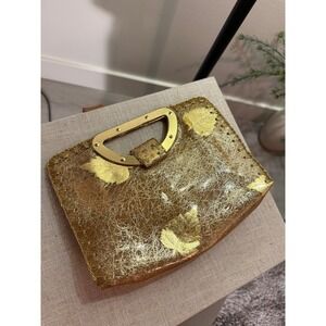 50s MCM gold leaves clutch collectors purse upscale goldtone handles date guc